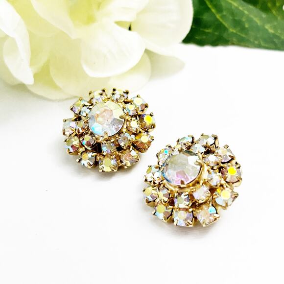Aurora Borealis AB Vintage Cluster Clip Earrings - Picture 2 of 5